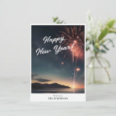 Script Caligrafie Gelukkig Nieuwjaar Fireworks The Feestdagenkaart (Staand voorkant)