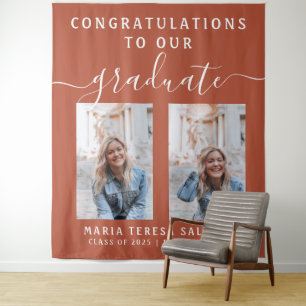 Script Calligrafie Twee Foto Afstuderen   Oranje Wandkleed