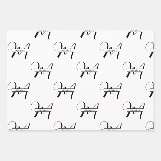 Script Calligrafie Zwart & Wit Monogrammed Naam Inpakpapier Vel (Voorkant 2)