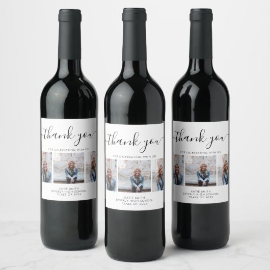 Script Calligraphy Afstuderen 3 Foto bedankt Wijn Etiket (Flessen)