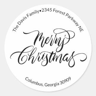 Script Calligraphy Merry Christmas Return Address  Ronde Sticker