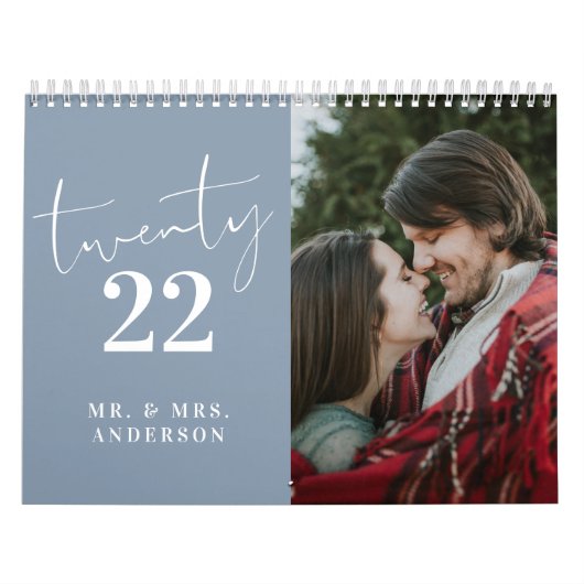 Script Calligraphy Newly Wed Photo Dusty Blue Kalender (Hoes)