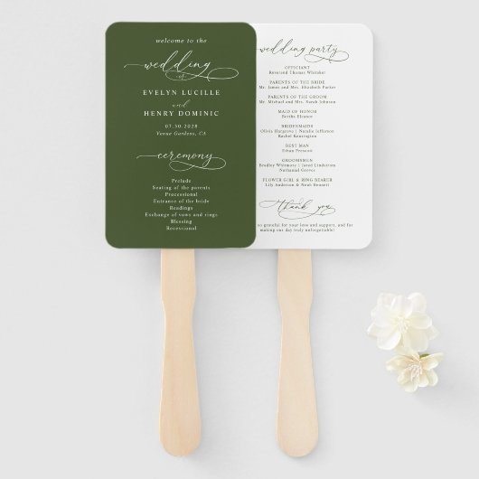 Script Calligraphy Olive Green Wedding Program Handwaaier (Voorkant en achterkant)