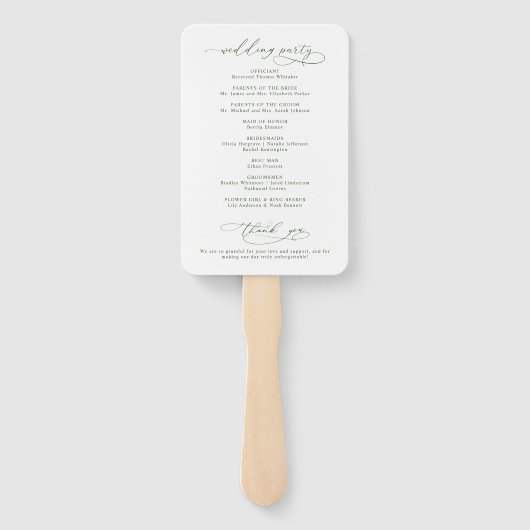 Script Calligraphy Olive Green Wedding Program Handwaaier (Achterkant)