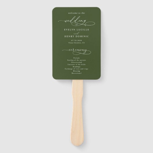 Script Calligraphy Olive Green Wedding Program Handwaaier (Voorkant)