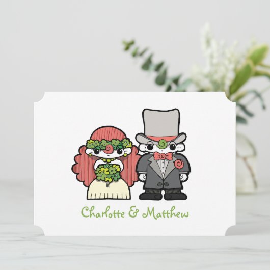 Script Cartoon Characters Whimsical Wedding Kaart (Staand voorkant)