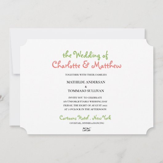 Script Cartoon Characters Whimsical Wedding Kaart (Achterkant)