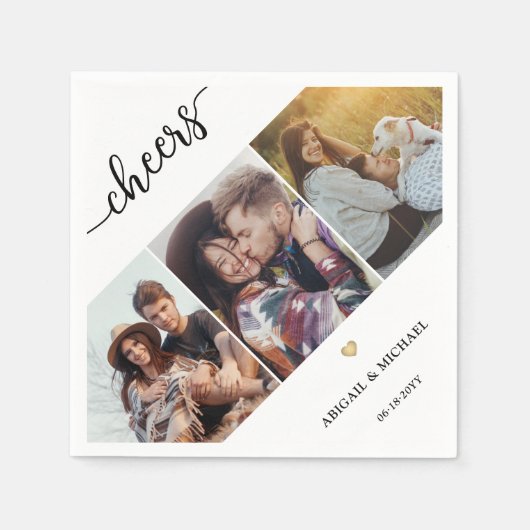 Script Cheers 3 Fotocollage & Gold Heart Wedding Servet (Voorkant)
