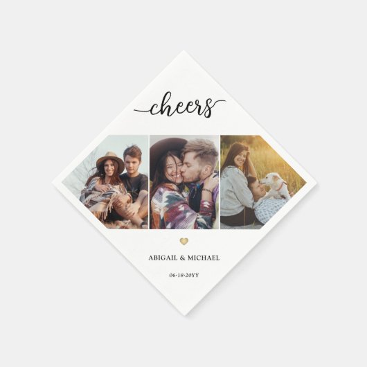 Script Cheers 3 Fotocollage & Gold Heart Wedding Servet (Hoek)