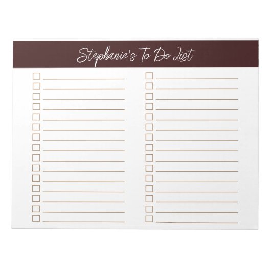Script Chocolate Brown 8.5x11 Tweecoloms Checklist Notitieblok (Voorkant)