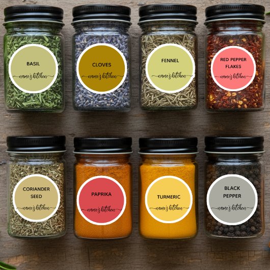Script Custom Herb & Spice jar labels color coded