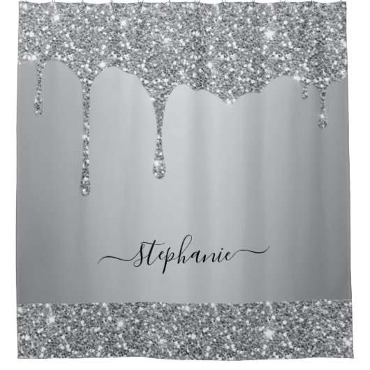 Script Custom Name Silver Glitter Drips Luxe Douchegordijn (Voorkant)