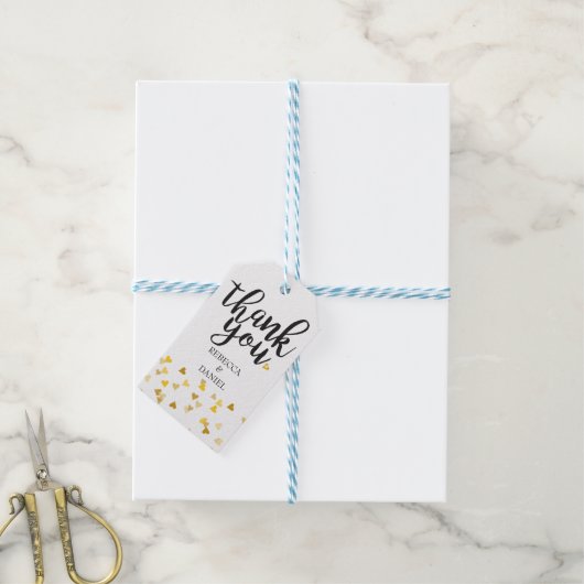 Script Dank je Gouden Hartjes Confetti Cadeaulabel (Met Touw)