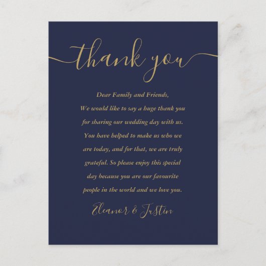 Script Dank u Navy Blue Gold Wedding Place Card Briefkaart (Voorkant)