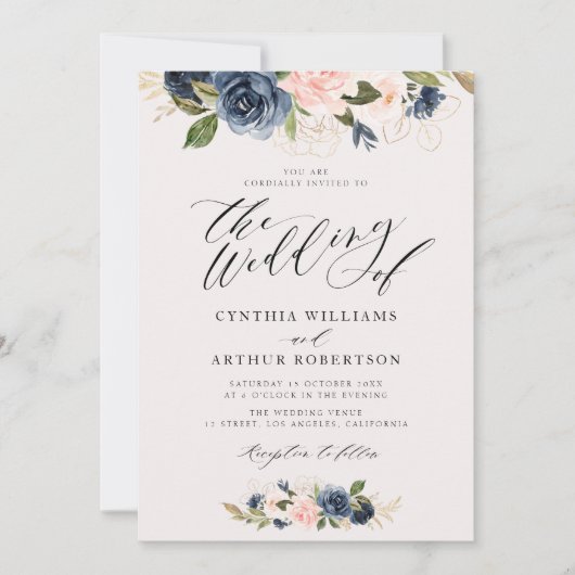 script dat floral navy en blush bruiloft laat zien kaart (Voorkant)