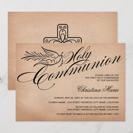  Script Dove en Cross First Heilige Communie Kaart (Voorkant / Achterkant)