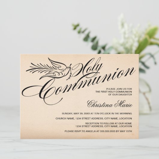 Script Dove en Cross First Heilige Communie Kaart (Staand voorkant)