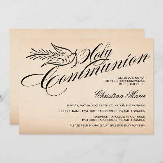 Script Dove en Cross First Heilige Communie Kaart (Voorkant / Achterkant)