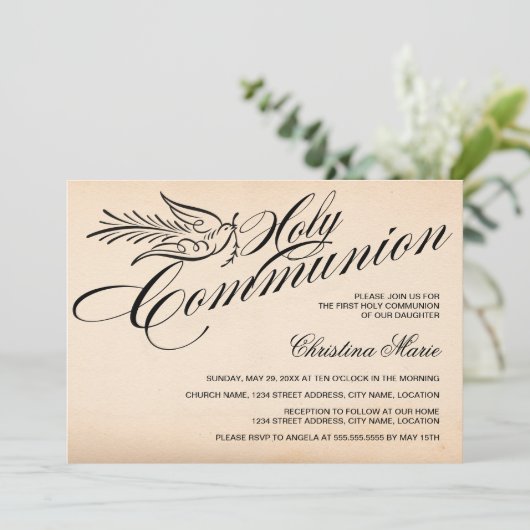  Script Dove en Cross First Heilige Communie Kaart (Staand voorkant)