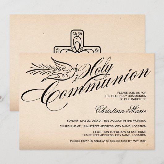  Script Dove en Cross First Heilige Communie Kaart (Voorkant / Achterkant)