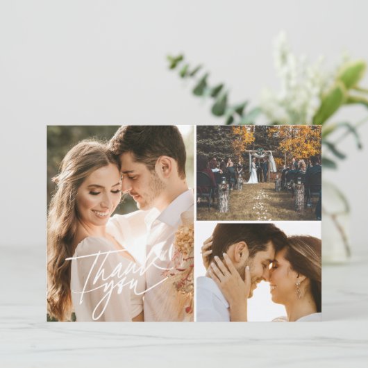 Script Drie Fotocollage Bruiloft Dank u Kaart (Staand voorkant)