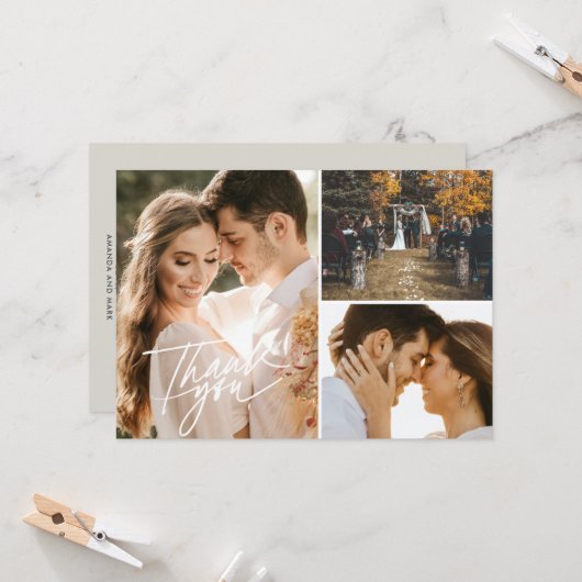 Script Drie Fotocollage Bruiloft Dank u Kaart (Voorkant / Achterkant in situ)