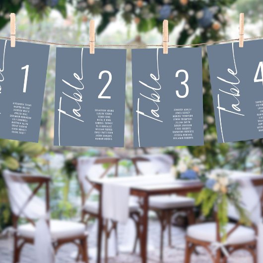 Script Dusty Blue Table Number Names Zitplaatskaar Kaart