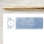 Script Dusty Blue Waterverf, Monogram bruiloft Etiket