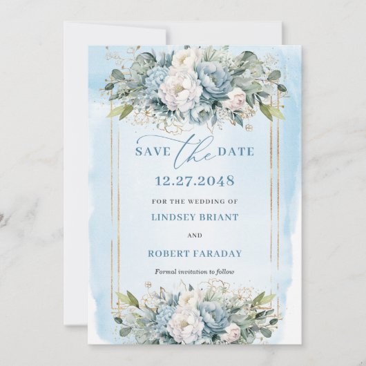 Script Dusty Blue White Gold Flowers Save The Date Kaart (Voorkant)