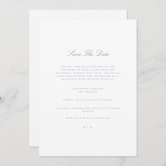 Script Dusty Blue & White Save the Date Kaart (Voorkant / Achterkant)