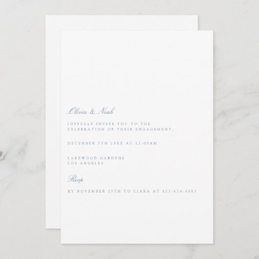 Script Dusty Blue & White Verloving Invitation Kaart (Voorkant / Achterkant)