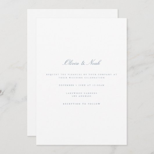 Script Dusty Blue & White Wedding Invitation Kaart (Voorkant / Achterkant)