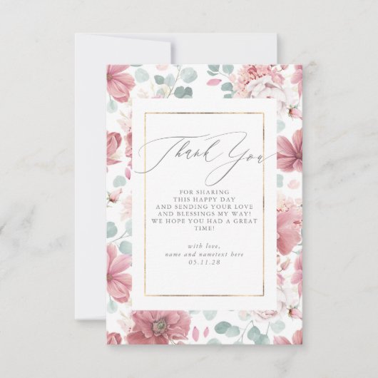 Script Dusty Pink Floral Baby shower Dank u Bedankkaart (Voorkant)