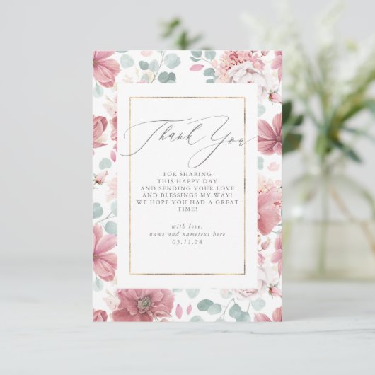Script Dusty Pink Floral Baby shower Dank u Bedankkaart (Staand voorkant)