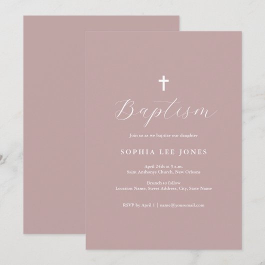 Script Dusty Roos Roze Modern Baptism Invitation Kaart (Voorkant / Achterkant)