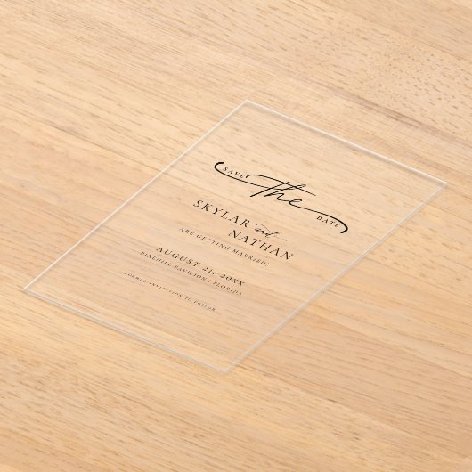 Script Eenvoudig Elegant Trouwen Sla de datum op W Acryl Uitnodigingen (Laagn)