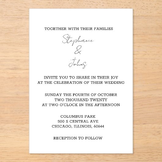 Script Eenvoudig Zwart Wit Elegant Minimal Wedding Acryl Uitnodigingen (Voorkant)