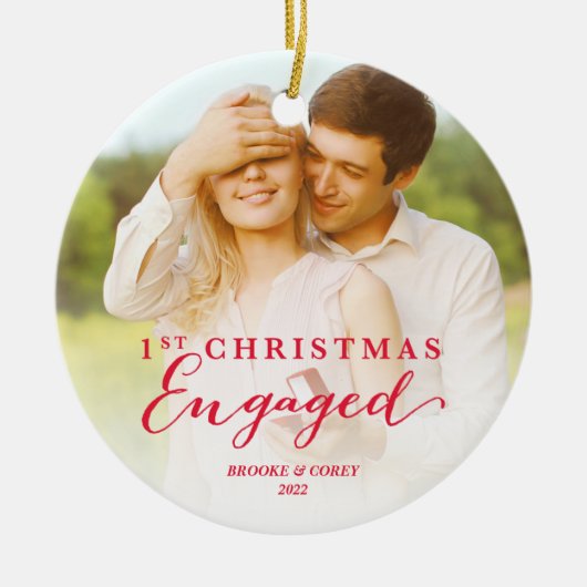 Script Eerste Kerstdag Verliefd Vakantiefoto Keramisch Ornament (Voorkant)