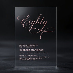 Script Eighty Black Rose Goud 80ste Verjaardag Acryl Uitnodigingen