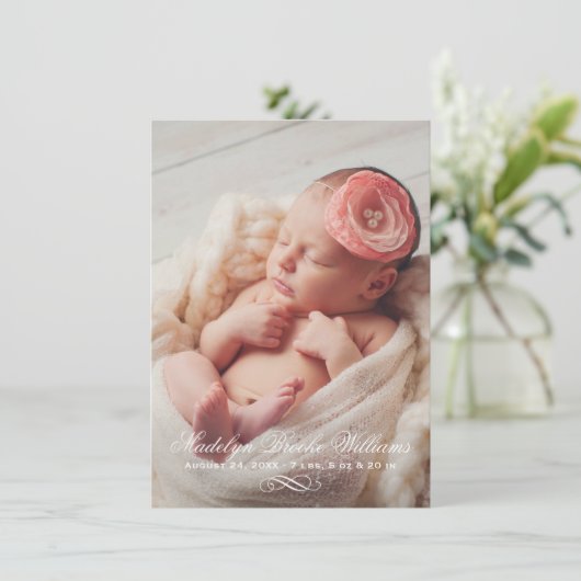 Script Elegance Baby Meisje Foto Overlay Geboorte Aankondiging (Staand voorkant)