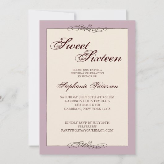 Script Elegance Sweet Sixteen in Cream & Lila Kaart (Voorkant)