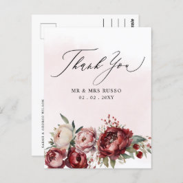 Script Elegant Bourgondië Blush Bloemen Dank u Briefkaart