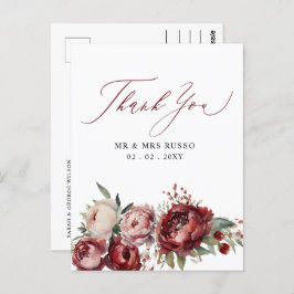 Script Elegant Bourgondië Blush Bloemen Dank u Briefkaart