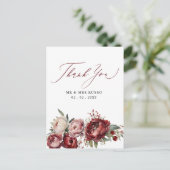 Script Elegant Bourgondië Blush Bloemen Dank u Briefkaart (Staand voorkant)