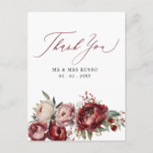 Script Elegant Bourgondië Blush Bloemen Dank u Briefkaart (Voorkant)