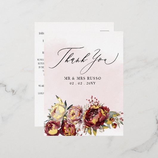 Script Elegant Bourgondië Blush Bloemen Dank u Folie Uitnodiging Briefkaart (Voorkant / Achterkant)