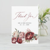 Script Elegant Bourgondië Blush Bloemenbruiloft Bedankkaart (Staand voorkant)