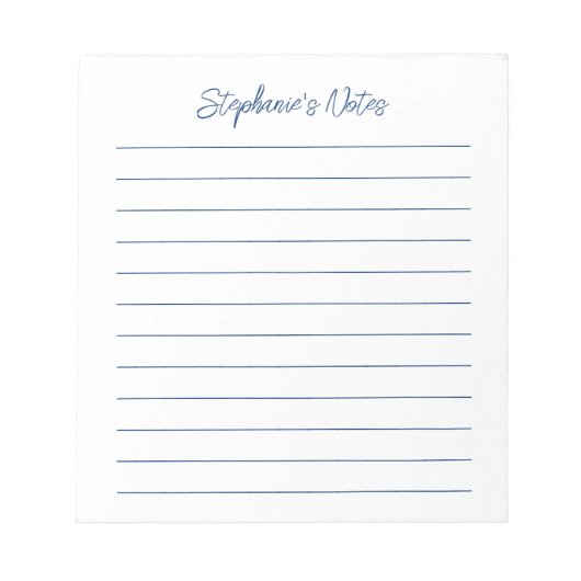  Script Elegant Navy Blue Lined Personalized Notitieblok (Voorkant)