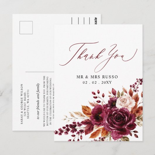 Script Elegante Bourgondië Herfst Bloemige Dank Je Briefkaart (Voorkant / Achterkant)