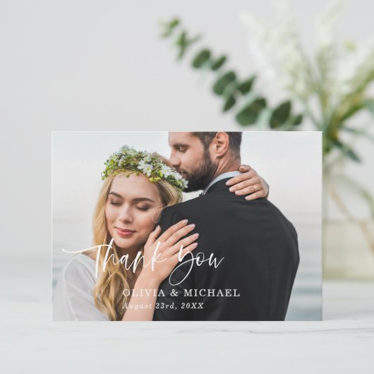 Script Elegante foto bruiloft dank je kaart (Staand voorkant)